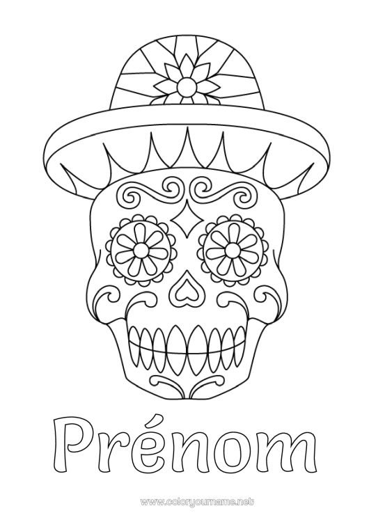 Coloriage à imprimer Día de los Muertos Chapeau Mexique Calaveras, têtes de mort