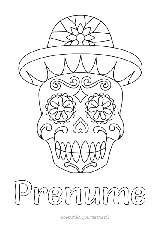 Pagină de colorat de imprimat Ziua Morților Pălărie Mexic Calaveras, capete de mort