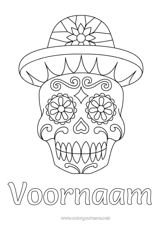 Kleurplaat om af te drukken Dia de los Muertos Hoed Mexico Calaveras, schedels