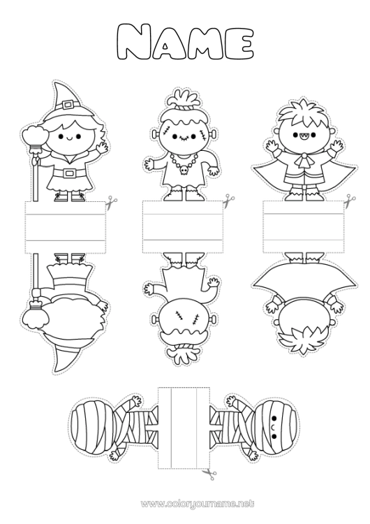 Colouring page to print Vampire Monster Mummy Witch Halloween Children's Activities Frankenstein Cutting Out For Children Paper Toy
