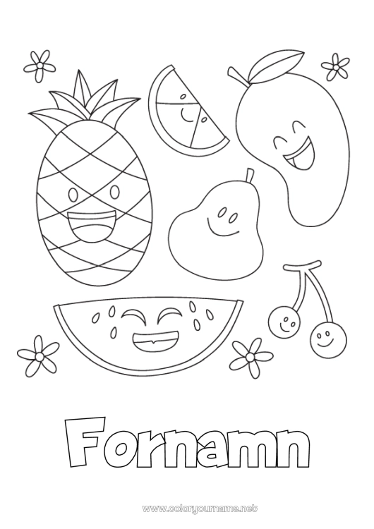 Färgläggningssida att skriva ut Körsbär Ananas Frukter Lätta målarbilder Vattenmelon Päron Orange