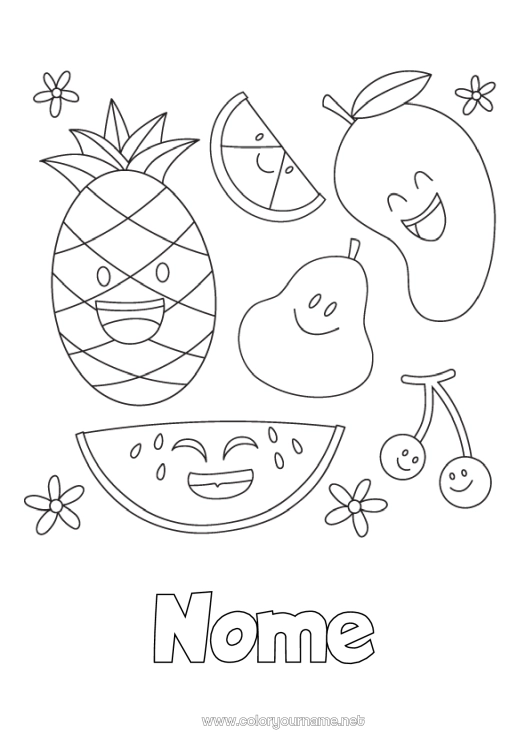 Página de desenho para imprimir Cereja Abacaxi Frutas Desenhos para colorir fáceis Melancia Pêra Laranja