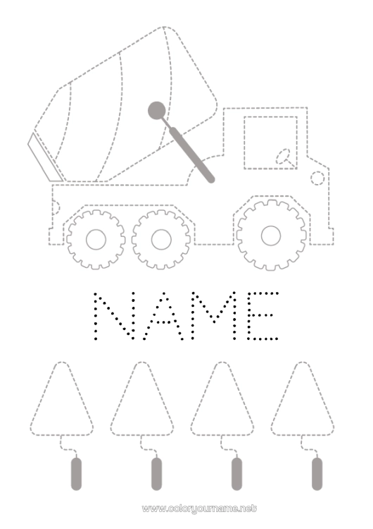Coloring page to print Vehicles Children's activities Construction machinery Trace and color Mixer truck