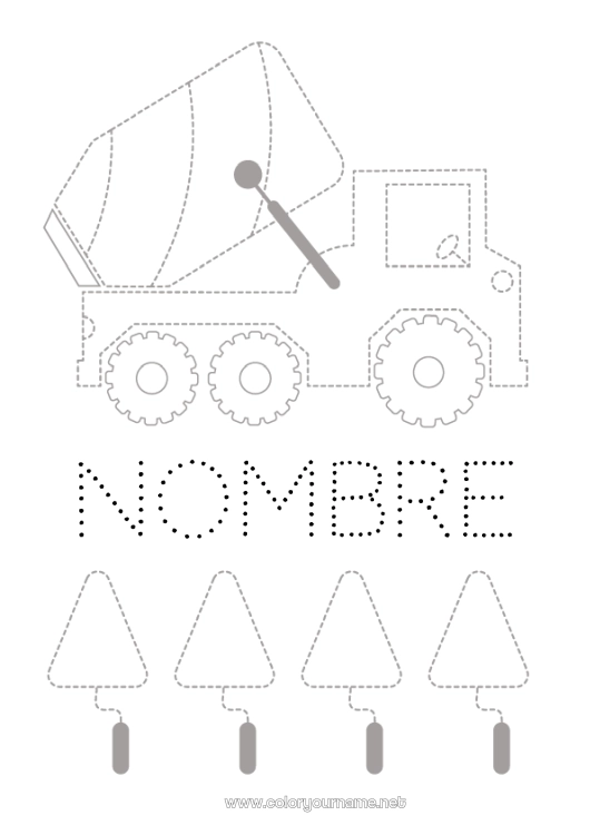 Dibujo para colorear para imprimir Vehículos Actividades para niños Maquinaria de construcción Trazo y color Camión mezclador