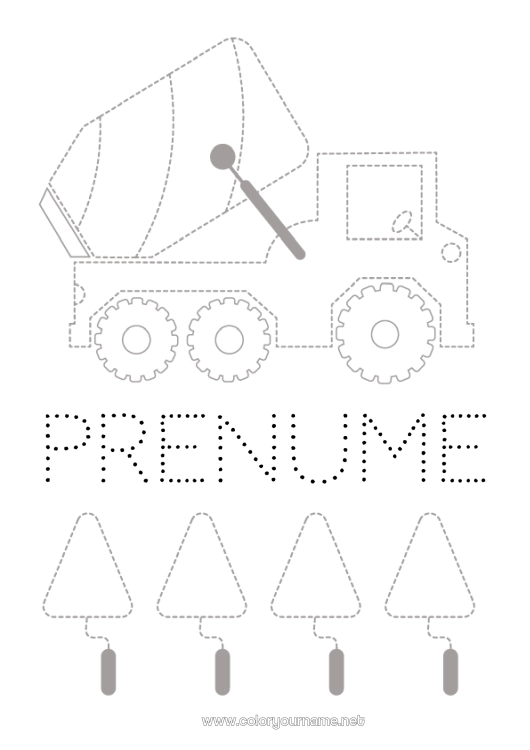 Pagină de colorat de imprimat Vehicule Activități pentru copii Utilaje de construcție Urmează și colorează Camion cu mixer