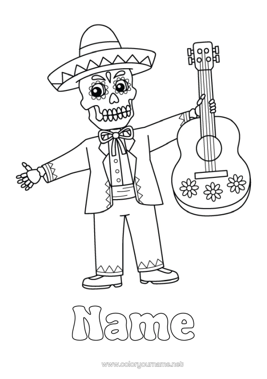 Colouring page to print Skeleton Day Of The Dead Music Mexico Music Day Guitar Musical Instruments Sombrero