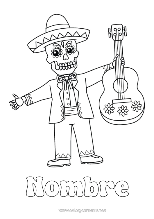 Dibujo para colorear para imprimir Esqueleto Día de los Muertos Música México Día Mundial de la Música Guitarra Instrumentos de música Sombrero