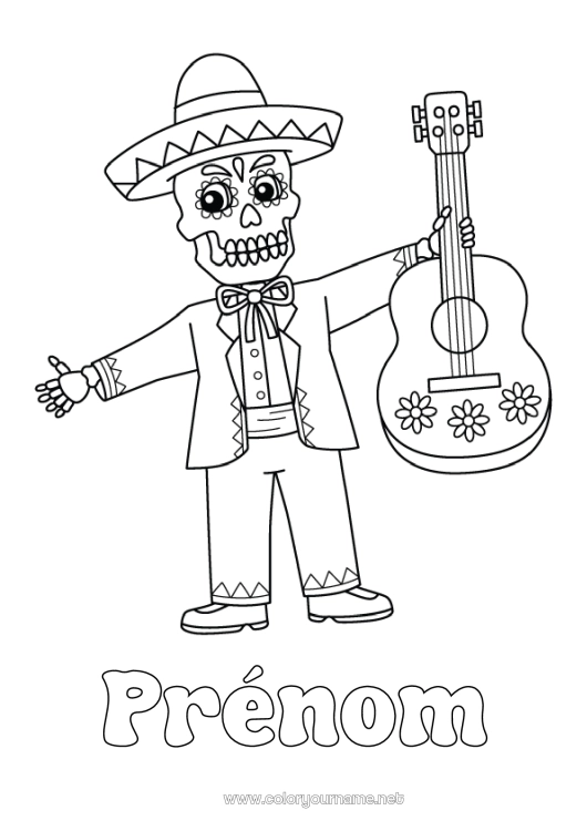 Coloriage à imprimer Squelette Día de los Muertos Musique Mexique Fête de la musique Guitare Instruments de musique Sombrero