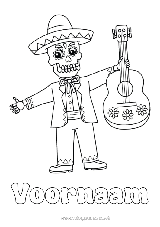 Kleurplaat om af te drukken Skelet Dia de los Muertos Muziek Mexico Muziekfestival Gitaar Muziekinstrumenten Sombrero