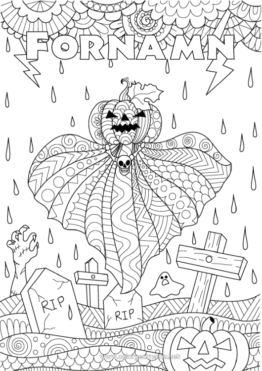 Färgläggningssida att skriva ut Kyrkogård Spöke Pumpa Halloween Zentangle