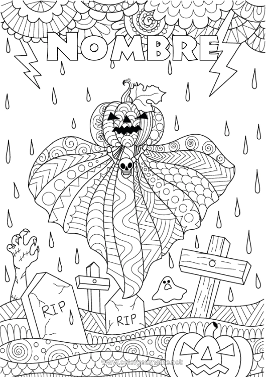 Dibujo para colorear para imprimir Cementerio Fantasma Calabaza Halloween Zentangle