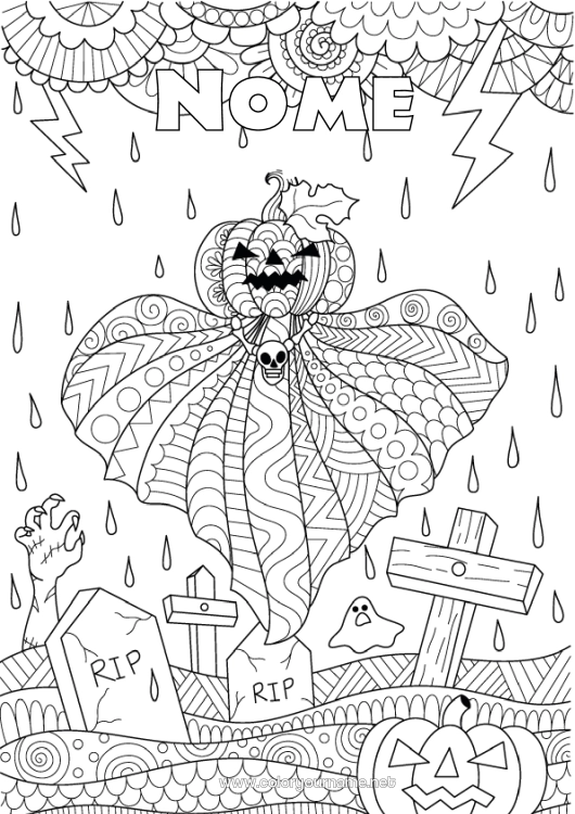 Página de desenho para imprimir Cemitério Fantasma Abóbora Halloween Zentangle