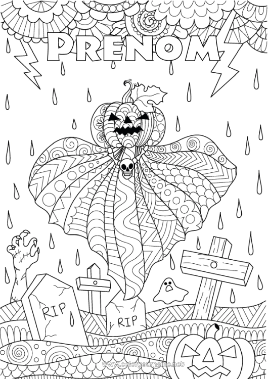 Coloriage à imprimer Cimetière Fantôme Citrouille Halloween Zentangle