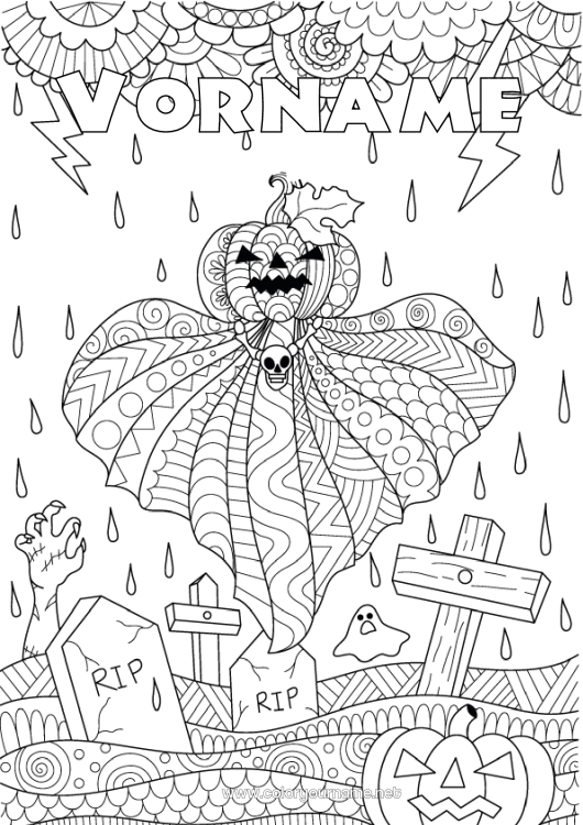 Malvorlage zum Ausdrucken Friedhof Geist Kürbis Halloween Zentangle