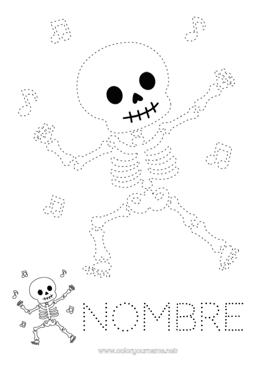 Dibujo para colorear para imprimir Esqueleto Música Dibujos fáciles para colorear Trazo y color Día Mundial de la Música Nota musical