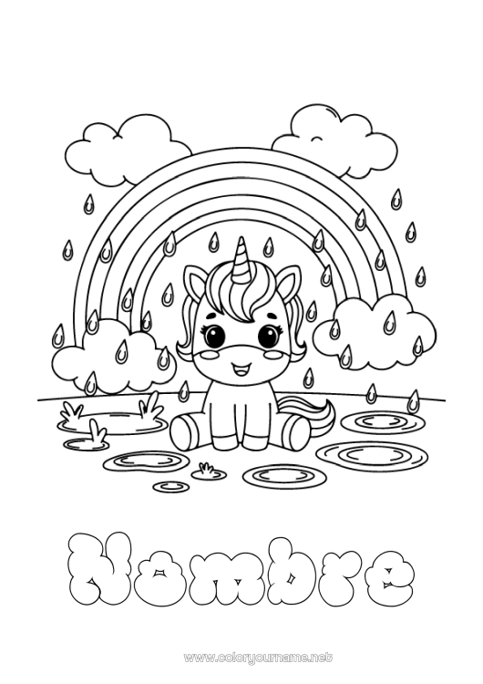 Dibujo para colorear para imprimir Kawaii Unicornio Arcoíris Lluvia Dragones, unicornios y animales fantásticos