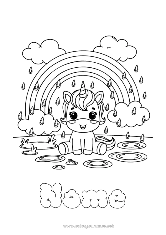 Página de desenho para imprimir Kawaii Unicórnio Arco-íris Chuva Dragões, unicórnios e animais fantásticos
