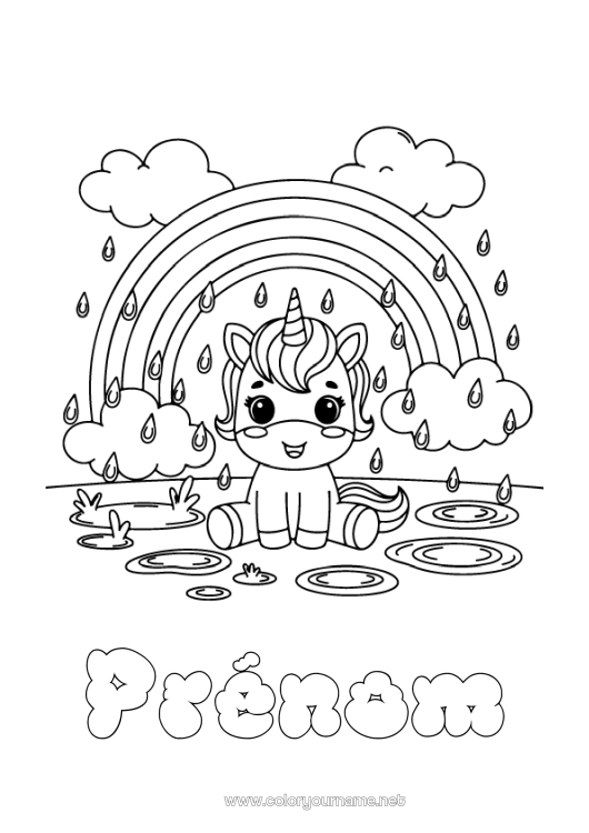 Coloriage à imprimer Kawaii Licorne Arc en ciel Pluie Dragons, licornes et animaux fantastiques
