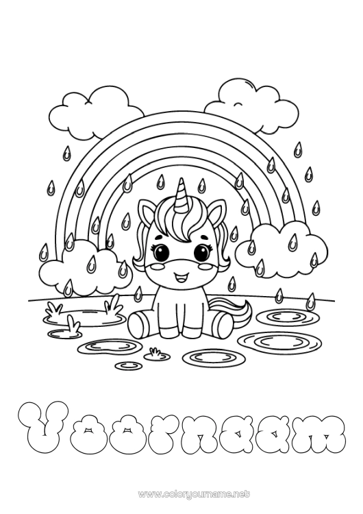 Kleurplaat om af te drukken Kawaii Eenhoorn Regenboog Regen Draken, eenhoorns en fantastische dieren