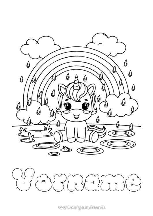 Malvorlage zum Ausdrucken Kawaii Einhorn Regenbogen Regen Drachen, Einhörner und fantastische Tiere