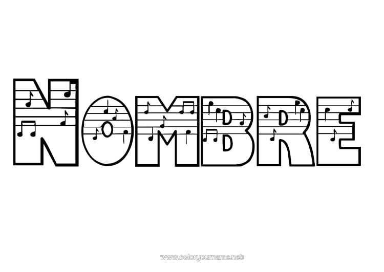 Dibujo para colorear para imprimir Nombre decorado Música Día Mundial de la Música Portadas de Cuaderno Nota musical