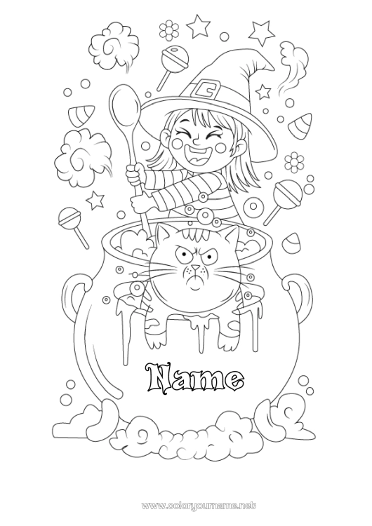Coloring page to print Sweets Witch Magic pot Cat Dog and cat