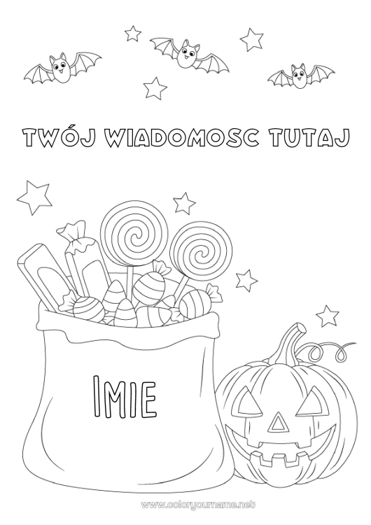Kolorowanka do wydruku Nietoperz Cukierki Dynia Cukierek albo psikus? Halloween Słodkości, łakocie Ptaki i latające ssaki
