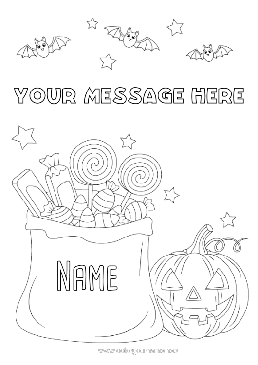 Coloring page to print Bat Sweets Pumpkin Trick or treat Halloween Treats Flying birds and mammals