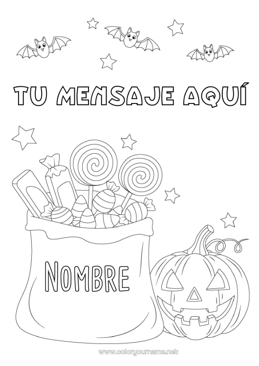Dibujo para colorear para imprimir Murciélago Caramelos Calabaza Truco o trato Halloween Golosinas Aves y mamíferos voladores