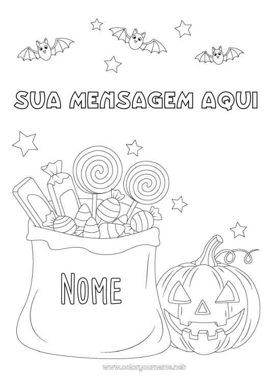 Página de desenho para imprimir Morcego Doces Abóbora Doce ou travessura? Halloween Guloseimas, doces Pássaros e mamíferos voadores