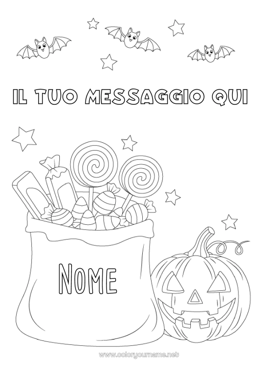 Pagina da colorare da stampare Pipistrello Caramelle Zucca Dolcetto o scherzetto? Halloween Dolci, zuccherini Uccelli e mammiferi volanti