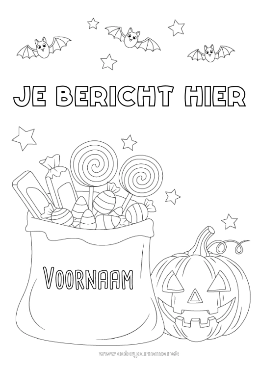 Kleurplaat om af te drukken Vleermuis Snoepjes Pompoen Snoep of een spreuk? Halloween Lekkernijen, zoetigheden Vogels en vliegende zoogdieren