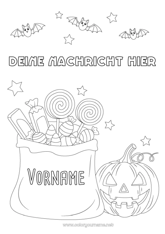 Malvorlage zum Ausdrucken Fledermaus Bonbons Kürbis Ein Bonbon oder ein Zauber? Halloween Leckereien, Süßigkeiten Vögel und fliegende Säugetiere