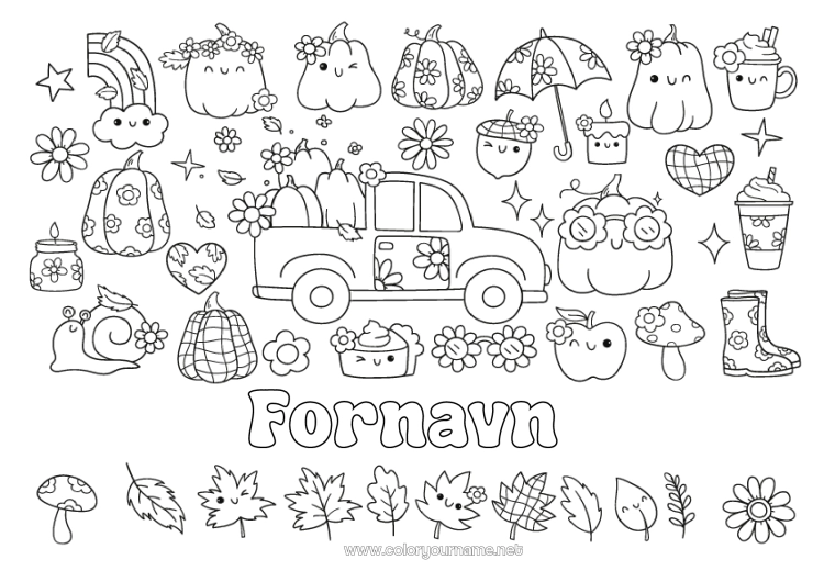 Fargeleggingssiden til utskrift Spøkelse Gresskar Blomster Halloween Søt Høst Bil Sopp Snegle Paraply Støvler Biler, varebiler og campingbiler Kjertel Døde blader