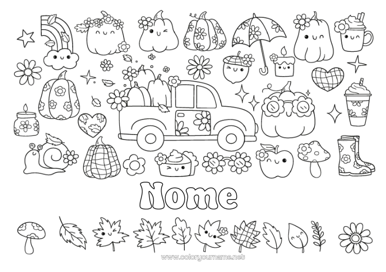Pagina da colorare da stampare Fantasma Zucca Fiori Halloween Kawaii Autunno Auto Fungo Chiocciola Ombrello Stivali Auto, van e camper Ghianda Foglie morte