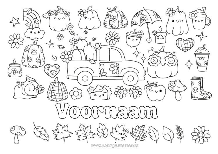 Kleurplaat om af te drukken Spook Pompoen Bloemen Halloween Kawaii Herfst Auto Paddestoel Slak Paraplu Laarzen Auto's, busjes en campers Eikel Dode bladeren