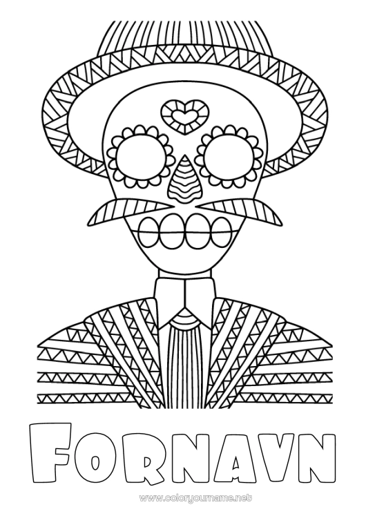 Fargeleggingssiden til utskrift De dødes dag Zentangle Calaveras, hodeskaller