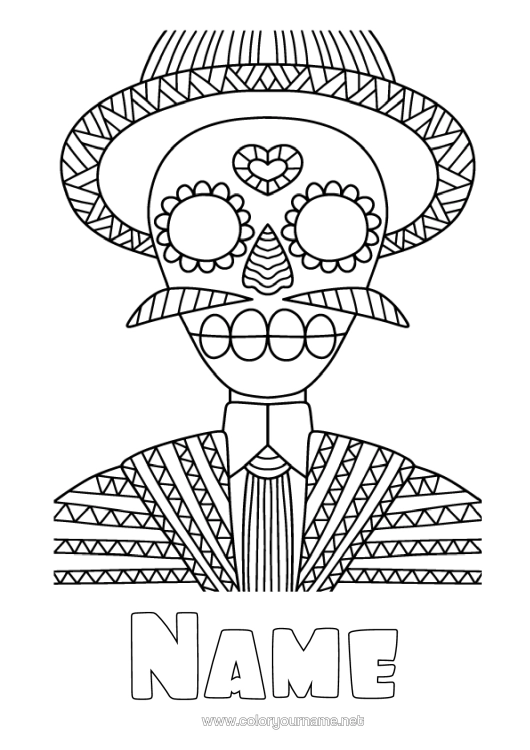Colouring page to print Day Of The Dead Zentangle Calaveras, Skulls