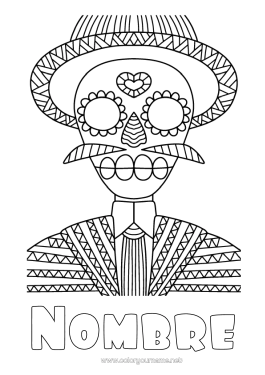 Dibujo para colorear para imprimir Día de los Muertos Zentangle Calaveras
