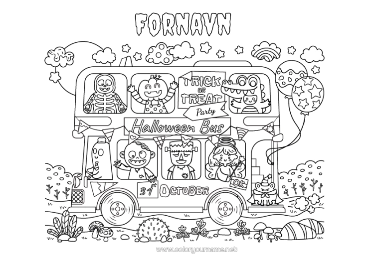 Fargeleggingssiden til utskrift Vampyr Monster Mumie Skjelett Halloween Frosk Buss, bil Marin eller akvatisk dyr Bakketransport offentlig transport Påmelding 