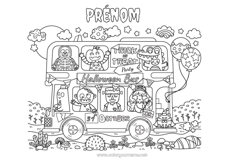 Coloriage à imprimer Vampire Monstre Momie Squelette Halloween Grenouille Bus, car Animaux marins ou aquatique Transport en commun terrestres Inscription "halloween"