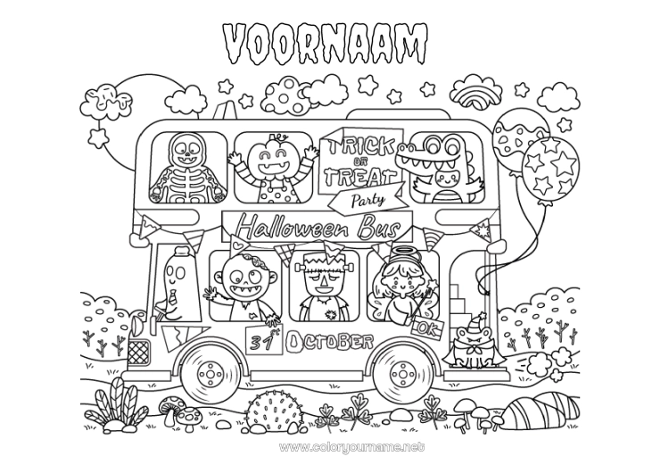Kleurplaat om af te drukken Vampier Monster Mummie Skelet Halloween Kikker Bus, autocar Zeedieren Openbaar vervoer over land Inscriptie 'halloween'