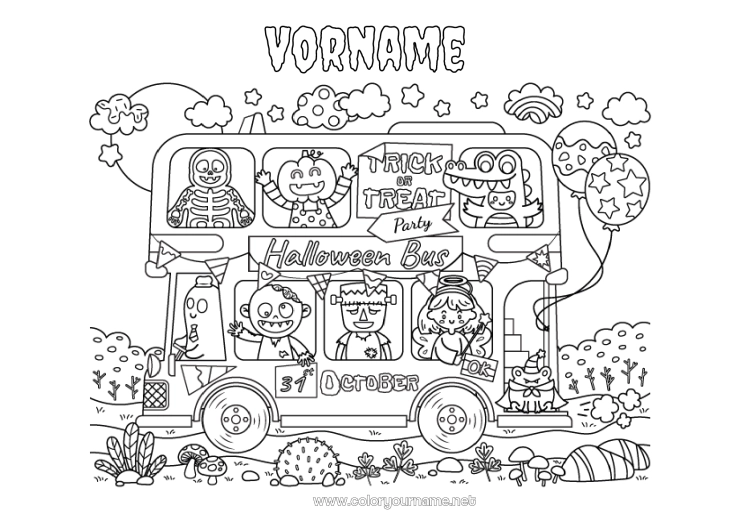 Malvorlage zum Ausdrucken Vampir Monster Mumie Skelett Halloween Frosch Bus, Auto Meeres- oder Wasserlebewesen Öffentlicher Nahverkehr Beschriftung