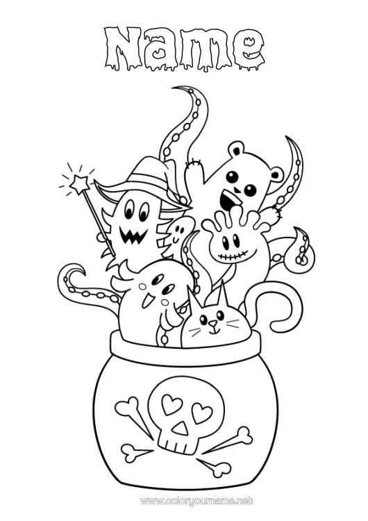 Colouring page to print Ghost Monster Magic Cauldron Halloween