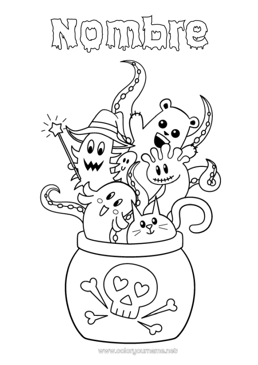 Dibujo para colorear para imprimir Fantasma Monstruo Caldero mágico Halloween