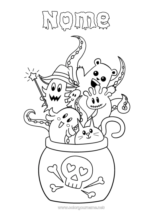 Página de desenho para imprimir Fantasma Monstro Caldeirão mágico Halloween