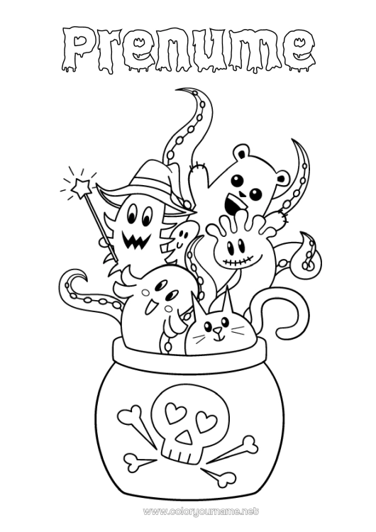 Pagină de colorat de imprimat Fantomă Monstru Cazan magic Halloween