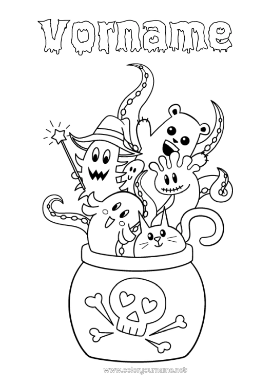 Malvorlage zum Ausdrucken Geist Monster Zaubernder Kessel Halloween