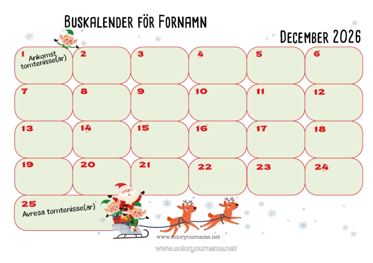 Färgläggningssida att skriva ut Julnissar Kalendrar och planeringsverktyg
