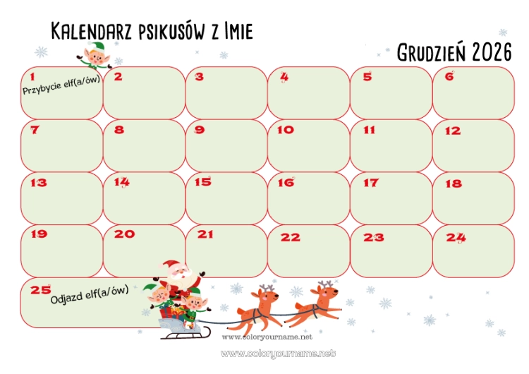 Kolorowanka do wydruku Świąteczne skrzaty Kalendarze i planery